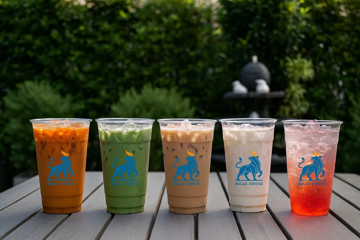 Five drinks in Bulls Coffee branded cups