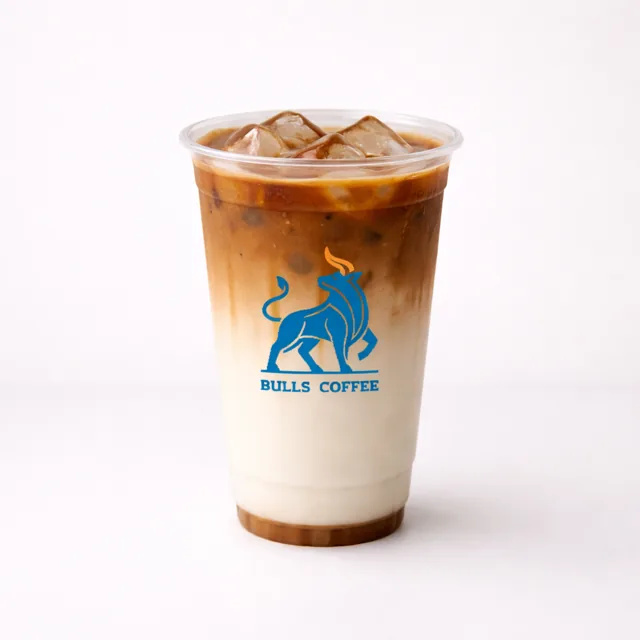 Iced latte in a Bulls Coffee cup