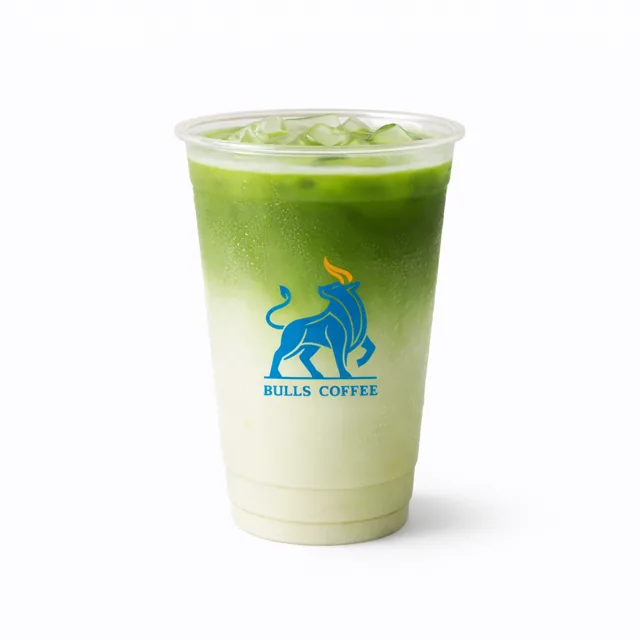 Matcha latte in a Bulls Coffee cup